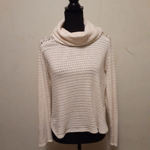 Maison Jules Cowel Neck Sweater Waffle Knit Lace Detail Ivory Cream